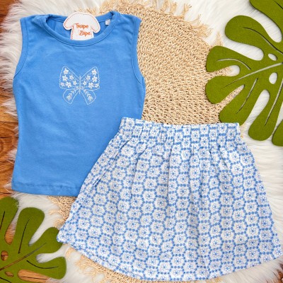 Conj. Regata Borboleta e Saia em Lese Floral - Azul Claro